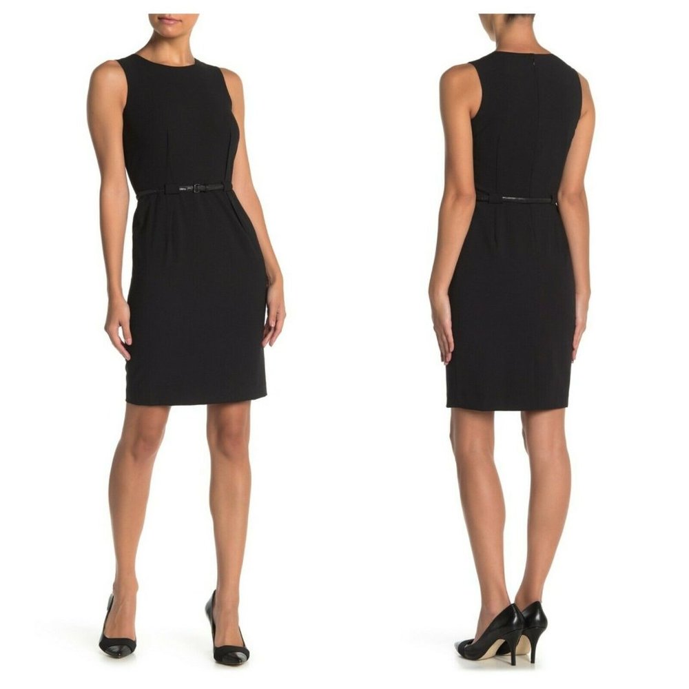 CALVIN KLEIN Belted Stealth Dress Petite LBD Work